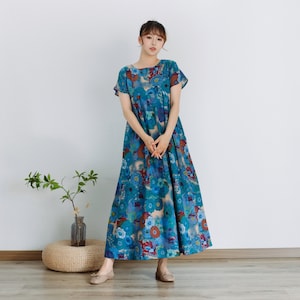 Printed Summer Dress Short Sleeves Cotton Dress Sundress Loose Floral Dress Tunics Maxi Dresses Customized Dress Plus Clothing Linen Dress image 1