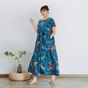 Printed Summer Dress Short Sleeves Cotton Dress Sundress Loose Floral Dress Tunics Maxi Dresses Customized Dress Plus Clothing Linen Dress image 3