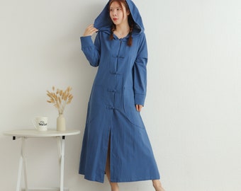 Hooded Cotton Coat Dress Casual Loose Cardigan Long Sleeves Shift Dress Boho Maxi Retro Dresses Customized Dress Plus Size Clothing