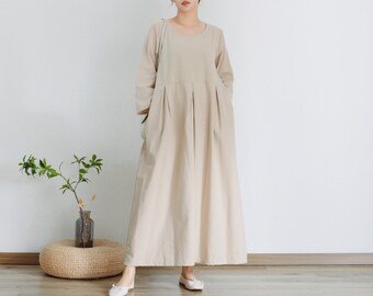 Cotton Dress Loose Robes Nine points sleeve Shift Dress Boho A-line Maxi Retro Dresses Customized Dress Plus Size Clothing Linen Dress Dress