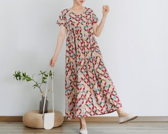 Printed Summer Dress V-neck Floral Dress Short Sleeves Cotton Dress Sundress Loose Dress Tunics Maxi Dress Customize Dress Plus Linen Dress