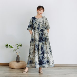 Printed Dress Cotton Summer Dress Half Sleeves Dress Floral Casual Loose Dress Tunics Robes Maxi Dresses Customized Dress Plus Linen Dress