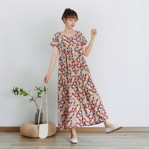 Printed Summer Dress V-neck Floral Dress Short Sleeves Cotton Dress Sundress Loose Dress Tunics Maxi Dress Customize Dress Plus Linen Dress