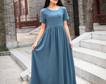 Summer Dress Short Sleeves Dress Soft Casual Loose Dress Tunics Cotton Robes Midi Dresses Customized Dress Plus Size Clothing Linen Dress