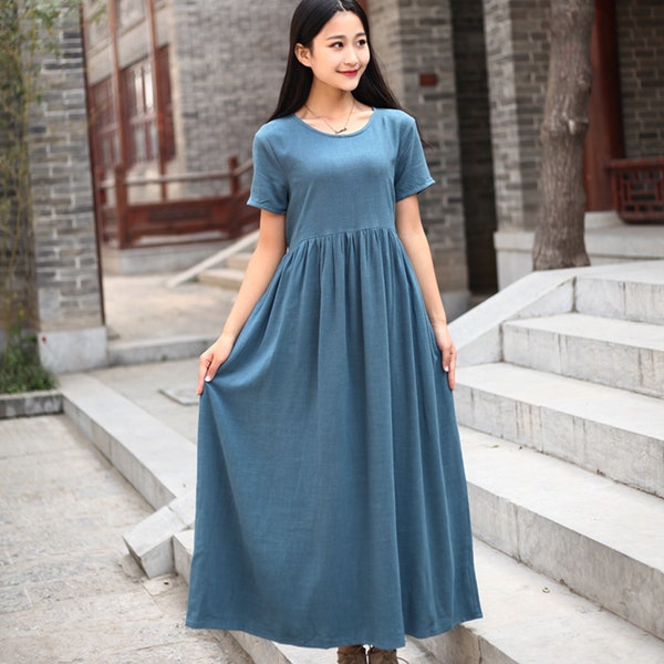 Summer Dress Short Sleeves Dress Soft Casual Loose Dress Tunics Cotton Robes Midi Dresses Customized Dress Plus Size Clothing Linen Dress