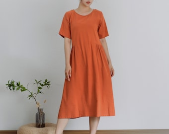 Summer Dress Soft Cotton Dress Roomy Loose Dress Short Sleeves Dress Tunics Midi Dresses Customized Dress Plus Size Linen Dress