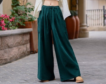 Cotton Corduroy Pant Elastic Waist Pants Womens Soft Warm trousers baggy pants Casual Harem Pants Fall Winter Retro Wide Leg Long Pant