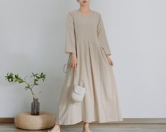 Women Soft Cotton dresses Nine-point Sleeves dress long Maxi dress loose robes casual Dress customized plus size  Linen dress Summer Spring