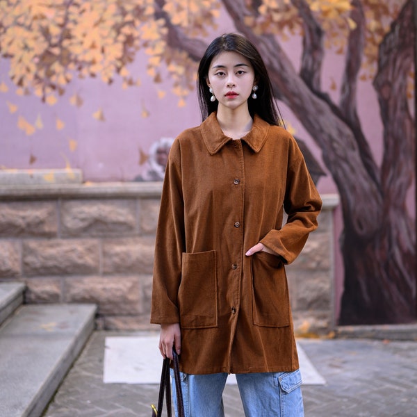 Winter/Fall Cotton Corduroy Tops Long Sleeves Buttons Blouse Casual Loose Kimono Customized Shirt Coat Hand Made Plus Size Corduroy Jacket