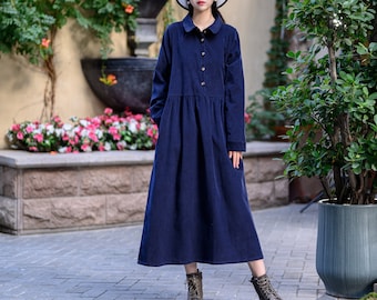 Winter/Fall Cotton Corduroy Dress Long Sleeves Tunics Dress Loose Warm Dress Customized Shirt Midi Dress Hand Made Plus Size Corduroy Robe