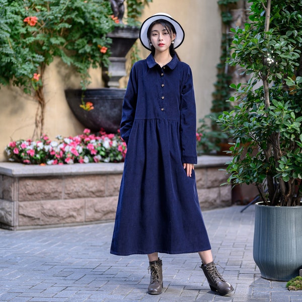 Winter/Fall Cotton Corduroy Dress Long Sleeves Tunics Dress Loose Warm Dress Customized Shirt Midi Dress Hand Made Plus Size Corduroy Robe