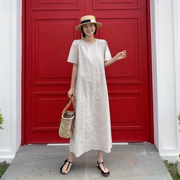 Summer Dress Short Sleeves Dress Shirt Casual Loose Dress Tunics Cotton Robes Maxi Dresses Customized Dress Plus Size Clothing Linen Dress