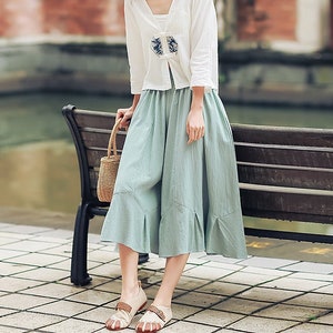 Navy linen cropped trousers shop