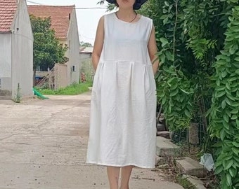 Summer Dress Sleeveless Dress Sundress Casual Loose Dress Tunics Cotton Robes Midi Dresses Customized Dress Plus Size Clothing Linen Dress