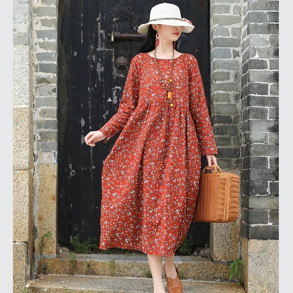 Robe en coton de printemps Robe douce florale Robes amples Robe à manches longues Boho Tuniques Robes mi-longues Personnaliser la robe Vêtements grande taille Robe en lin