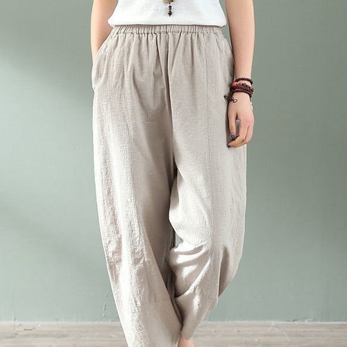 Elastic Waist Linen Pants Women Cropped Pants Casual Large - Etsy