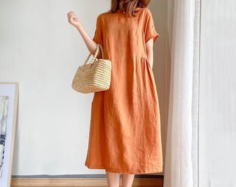 Mimfor Women O-Neckline Solid Dress Sleeveless Loose Casual Pocket Mini Linen Dress Mimfor Women O-Neckline Solid Dress Sleeveless Loose Casual Pocket Mini Linen Dress