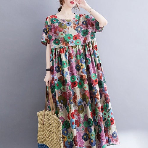 Cotton Dress Floral Loose Robes Long Sleeves Shift Dress Boho - Etsy