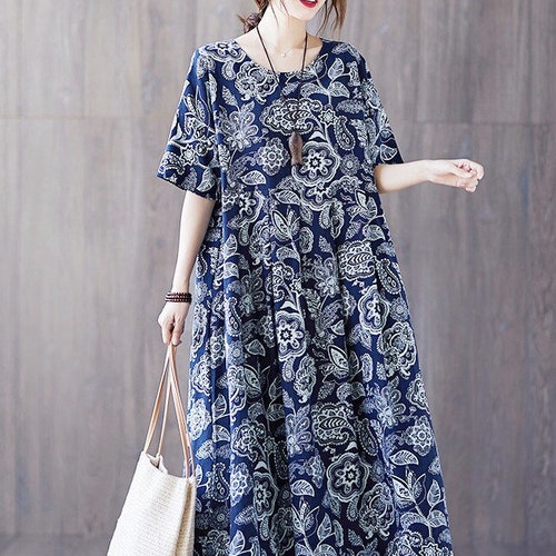 Cotton Dress Floral Loose Robes Long Sleeves Shift Dress Boho - Etsy