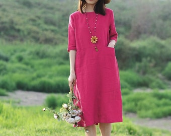 Summer Half Sleeves Dress Soft Casual Loose Dress Tunics Cotton Robes Midi Dresses Customized Dress Plus Size Clothing Linen Dress