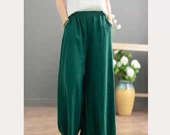 Summer Women Elastic Waist Pant Cotton Pants Soft Casual Loose Large Size Boho Trousers Wide Leg Pant Customized Plus Size Pants Linen Pant