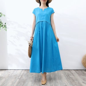 Summer Short Sleeves Dress Soft Sundress Casual Loose Dress Tunics Cotton Robes Maxi Dresses Customized Dress Plus Clothing Linen Dress