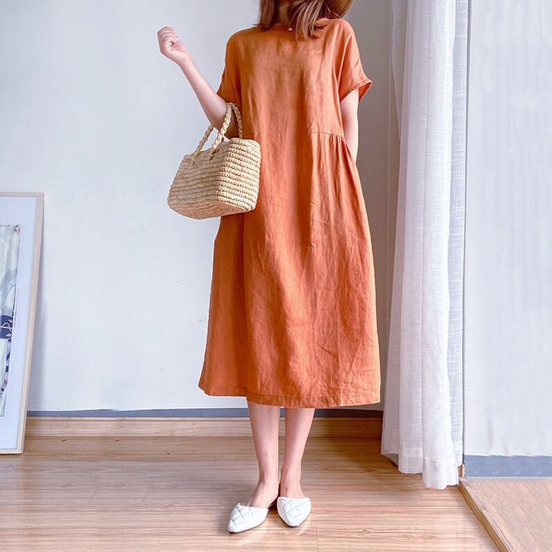 Summer cotton Dress Short Raglan Sleeves Dress Casual Loose Dress Tunics Cotton Midi Dresses Customized Dress Plus Size Linen 