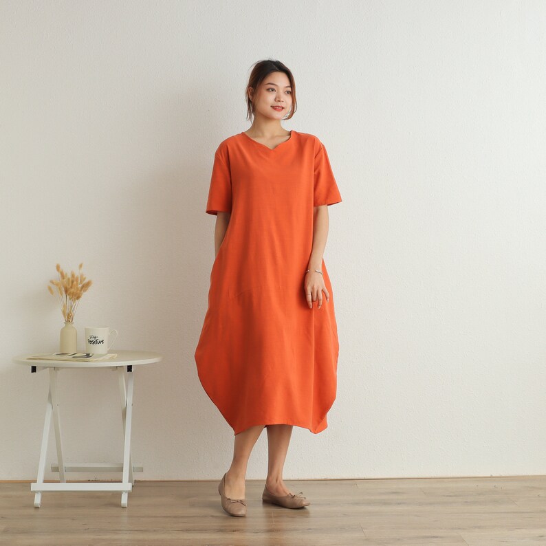 Summer Short Sleeves Dress Soft Casual Loose Dress Tunics Cotton Robes Midi Dresses Customized Dress Plus Size Clothing Linen Dress zdjęcie 2