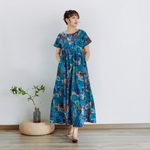 Printed Summer Dress Short Sleeves Cotton Dress Sundress Loose Floral Dress Tunics Maxi Dresses Customized Dress Plus Clothing Linen Dress image 4