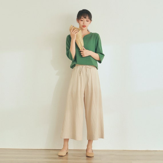 Women Soft Capri Summer Cropped Pant Elastic Waist Cotton Pants Loose Pant  Boho Trousers Wide Leg Pant Customized Plus Size Linen Pant 