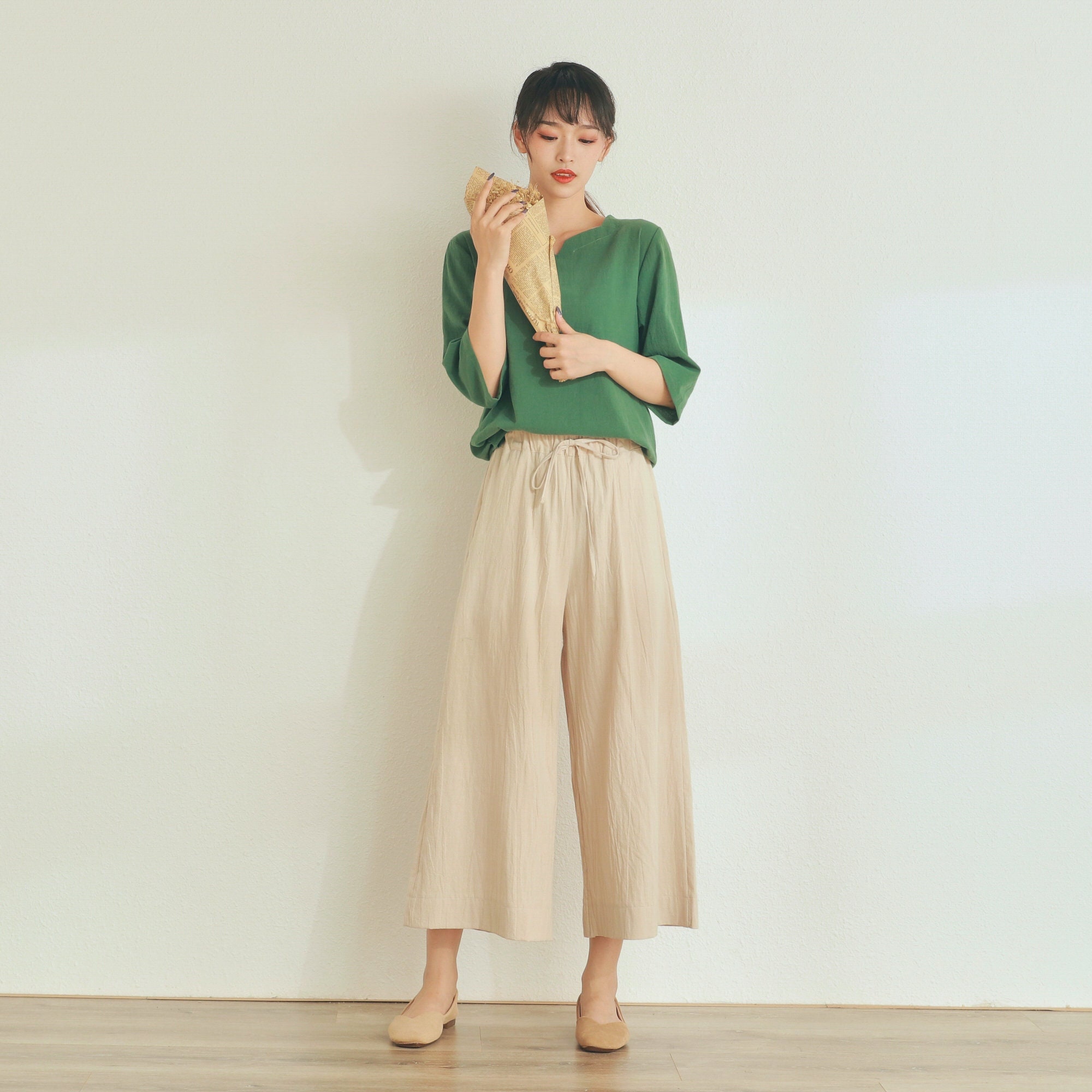 Cropped Linen Pants in Stripes / Linen Trousers / Classic Women