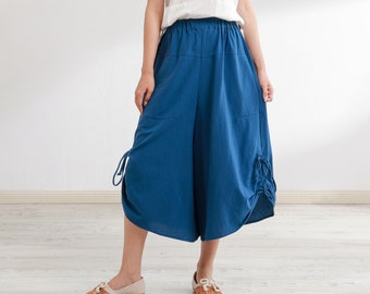 Frauen Elastische Taille Baumwolle Kurze Hosen Weiche Beiläufige Lose Große Größe Boho Hose Breite Beinhose Angepasst Plus Größe Hosen Leinenhose