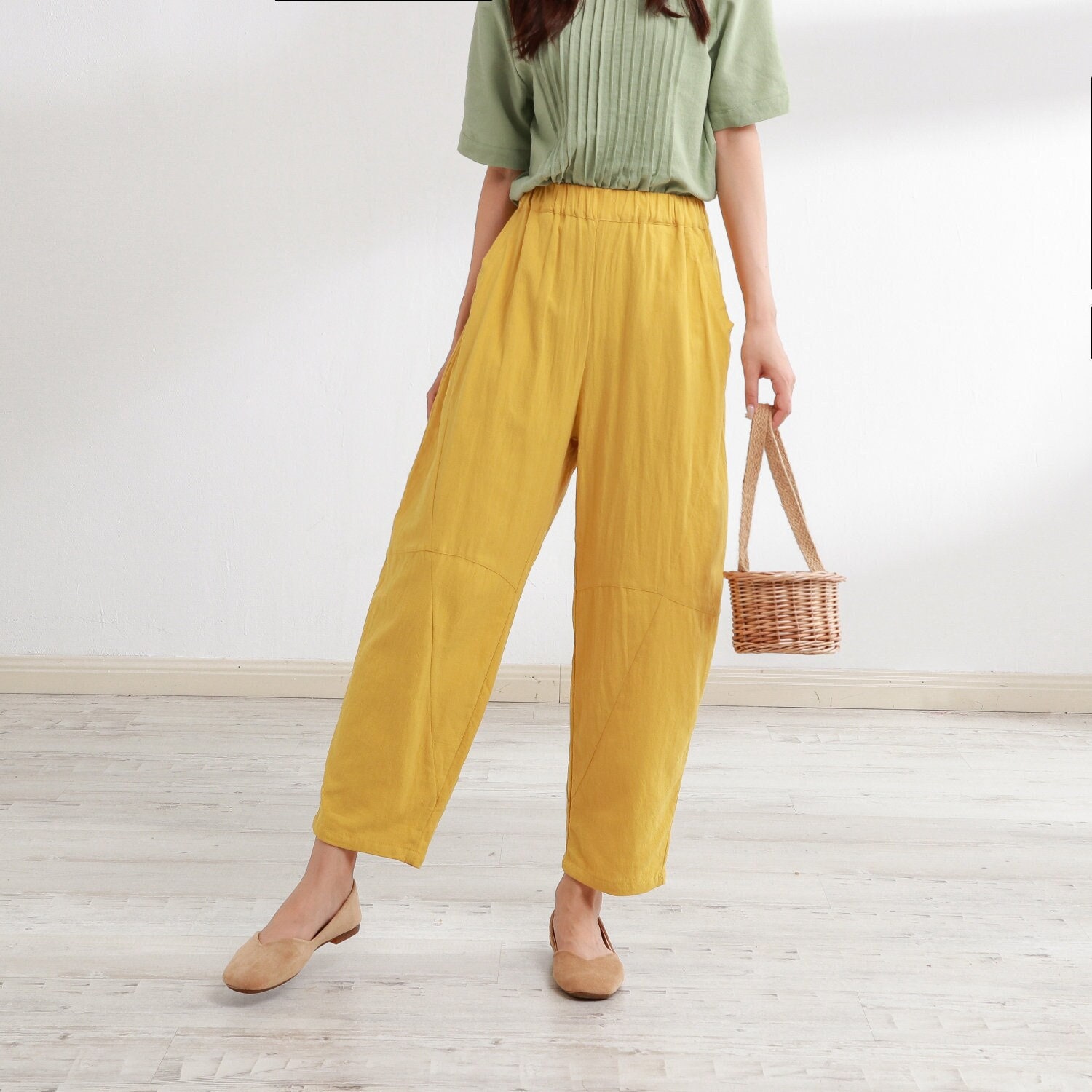NECHOLOGY Womens Pants Crop Pants for Women Casual Summer Womens Culottes  Cotton Linen Wide Business Casual Pants for Women Petite Yellow Large