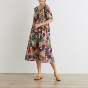 Women Floral Dress Cotton Dress Half Sleeves Dress V-neck Casual Loose Dress Tunics Printed Dress Customized Plus Size Clothing Linen Dress image 4