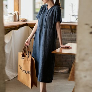 Summer Short Sleeves Dress Shirt Casual Loose Dress Tunics Cotton Robes Midi Dresses Customized Dress Plus Size Clothing Linen Dress 画像 4