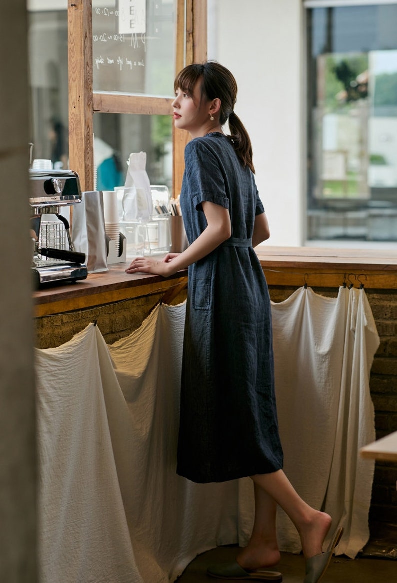 Summer Short Sleeves Dress Shirt Casual Loose Dress Tunics Cotton Robes Midi Dresses Customized Dress Plus Size Clothing Linen Dress 画像 6