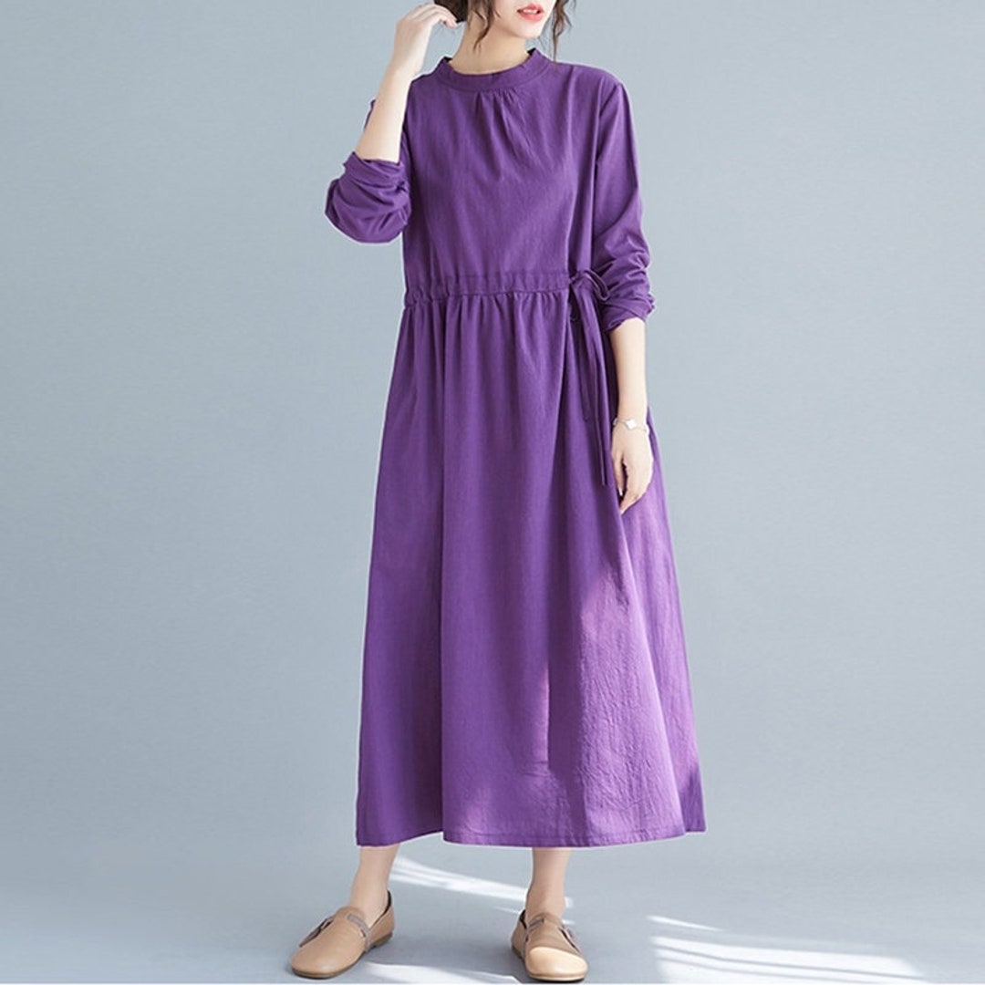 Cotton Dress Casual Loose Robes Long Sleeves Shift Dress Boho Aline