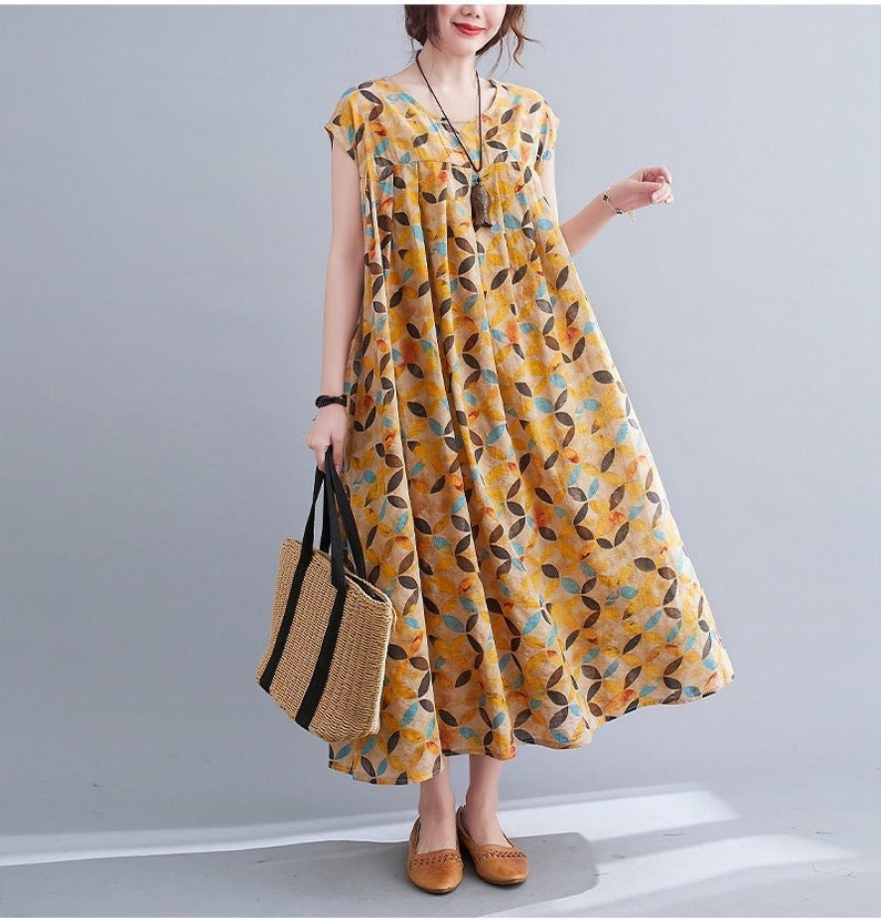 Printed Summer Dress Short Sleeves Cotton Dress Sundress Loose Sleeveless Dress Tunics Maxi Dresses Customized Dress Plus Clothing Linen 