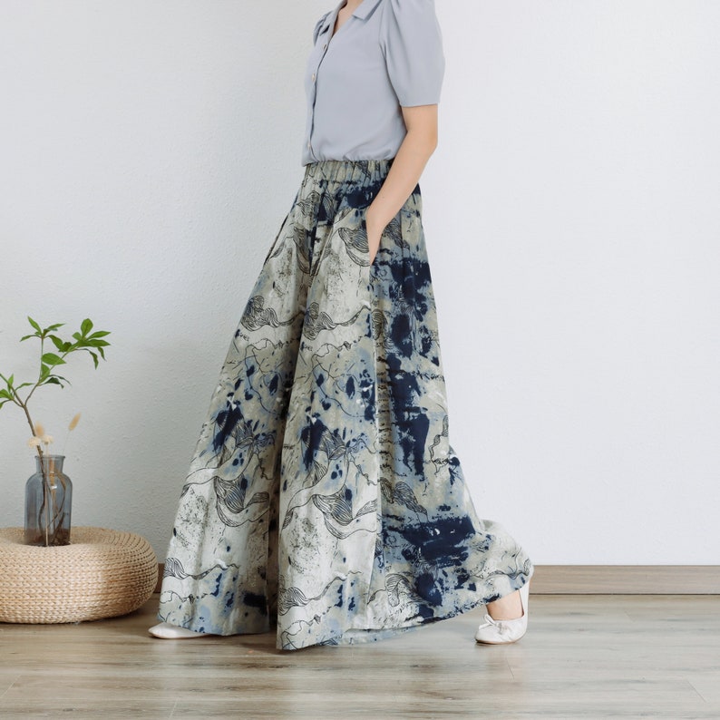 Printed Summer Skirt Pant Women Elastic Waist Pant Floral Cotton Skirt Pant Soft Casual Loose Boho Skirt Pant Customize Plus Size Linen Pant zdjęcie 3