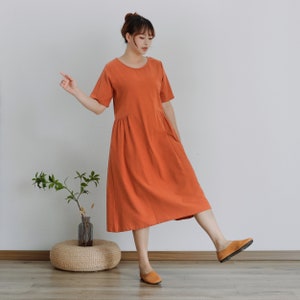 Summer Dress Soft Cotton Dress Roomy Loose Dress Short Sleeves Dress Tunics Midi Dresses Customized Dress Plus Size Linen Dress image 6