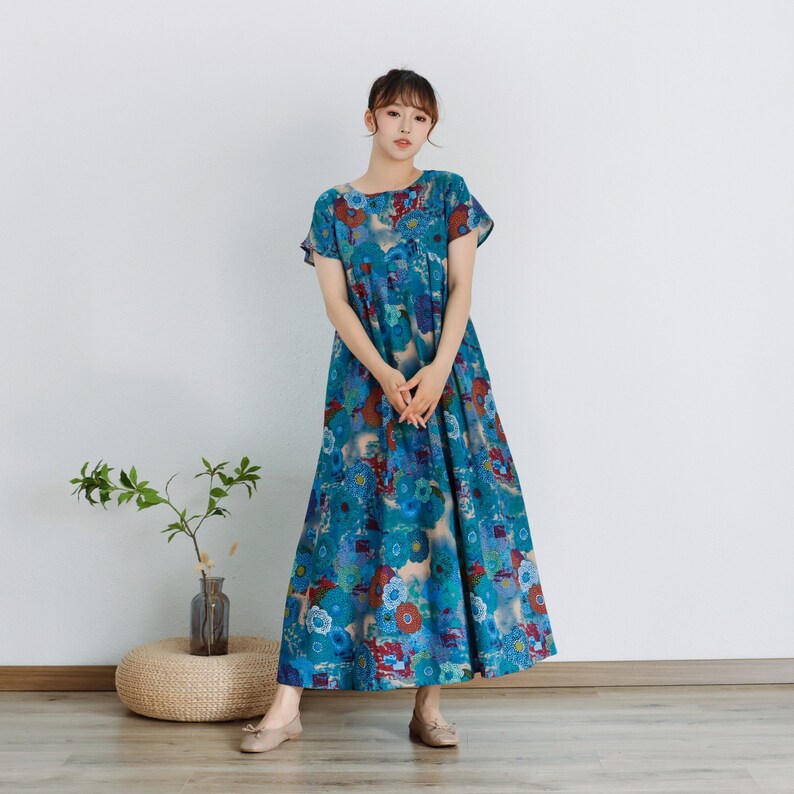 Printed Summer Dress Short Sleeves Cotton Dress Sundress Loose Floral Dress Tunics Maxi Dresses Customized Dress Plus Clothing Linen Dress image 1