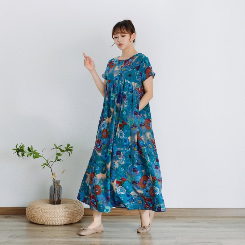 Printed Summer Dress Short Sleeves Cotton Dress Sundress Loose Floral Dress Tunics Maxi Dresses Customized Dress Plus Clothing Linen Dress image 3