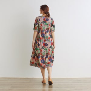 Women Floral Dress Cotton Dress Half Sleeves Dress V-neck Casual Loose Dress Tunics Printed Dress Customized Plus Size Clothing Linen Dress image 6