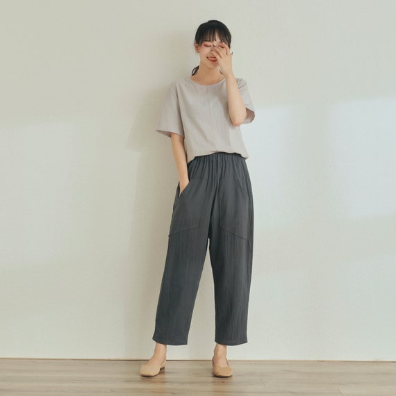 Women Elastic Waist Cotton Pants Soft Casual Loose Cropped - Etsy