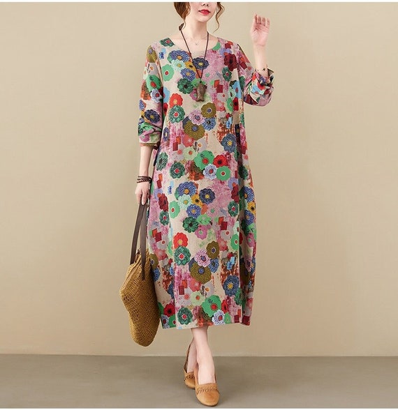 Cotton Dress Floral Loose Robes Long Sleeves Shift Dress Boho Etsy