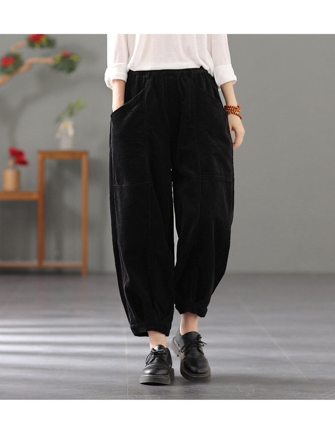 Ladies Drawstring Elastic Waist Casual Corduroy Pants-Chestnut main image 0