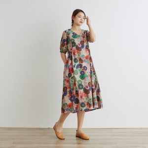 Women Floral Dress Cotton Dress Half Sleeves Dress V-neck Casual Loose Dress Tunics Printed Dress Customized Plus Size Clothing Linen Dress image 3