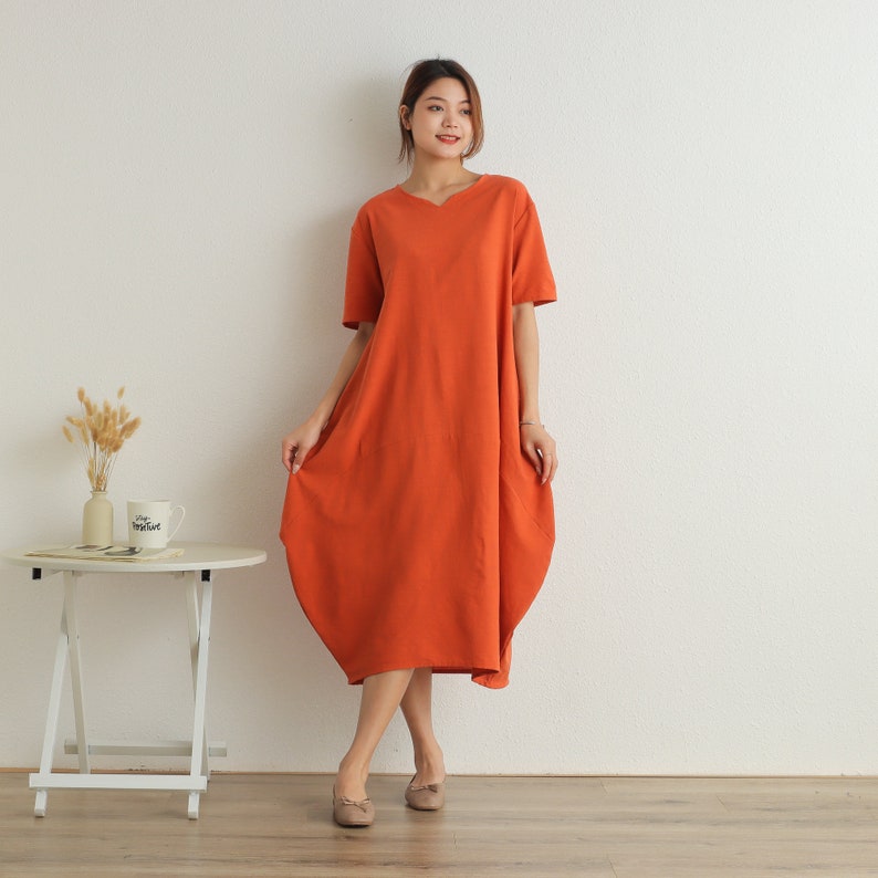 Summer Short Sleeves Dress Soft Casual Loose Dress Tunics Cotton Robes Midi Dresses Customized Dress Plus Size Clothing Linen Dress zdjęcie 3