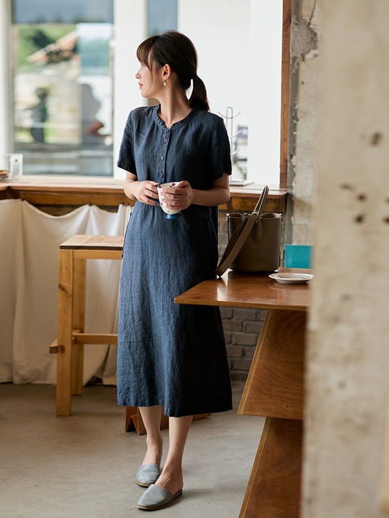 Chemise d'été à manches courtes, robe ample décontractée, tuniques, robes en coton, robes midi, robe personnalisée, vêtements de grande taille, robe en lin image 1