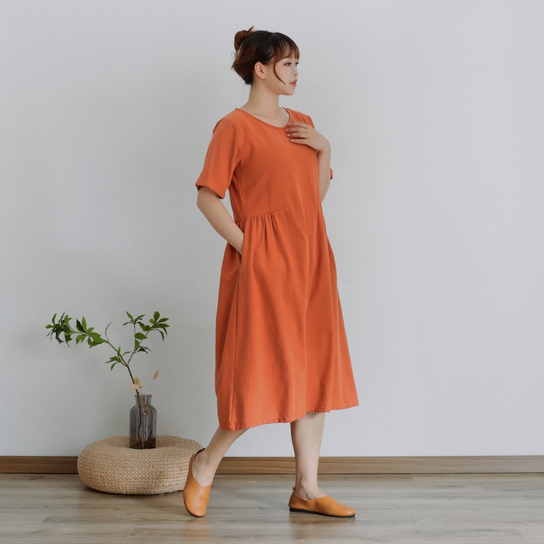 Summer Dress Soft Cotton Dress Roomy Loose Dress Short Sleeves Dress Tunics Midi Dresses Customized Dress Plus Size Linen Dress image 3